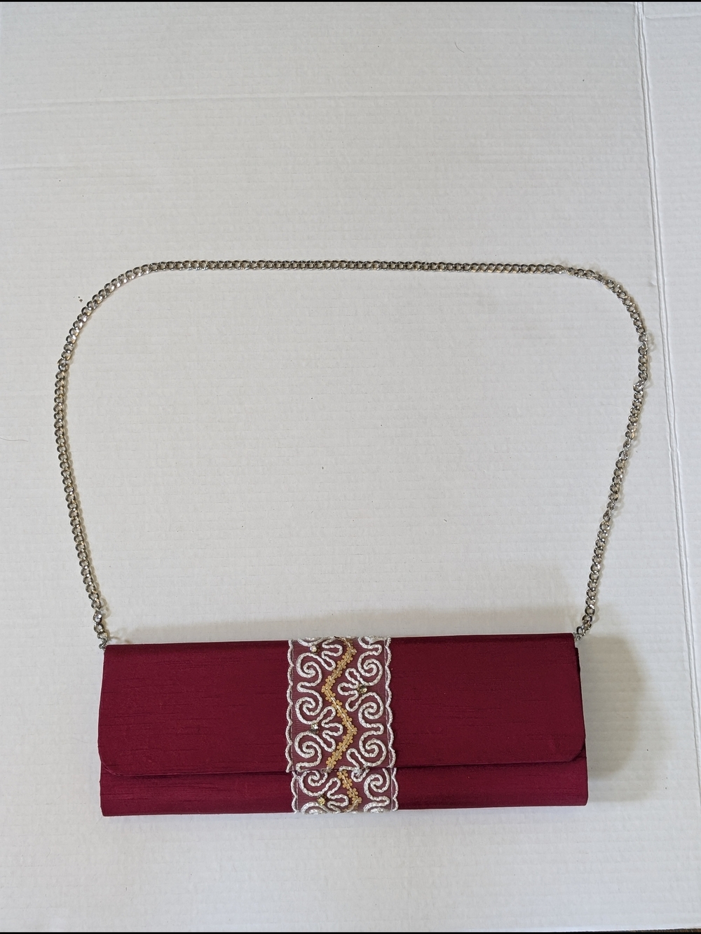 Stylish Burgundy Evening Clutch Or Shoulder Bag with Decorative Trim